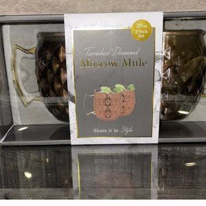 Tarnished Diamond Moscow Mule Cups Set of Two.  Each 20 Oz Gold Bronze Metal NEW